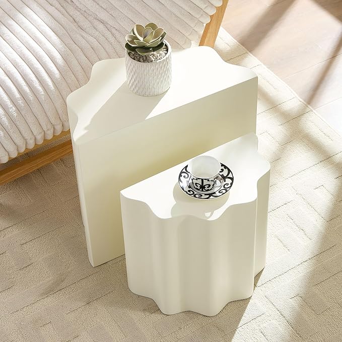 WILLIAMSPACE Nesting Coffee Table Set of 2 for Living Room, Modern Circle Center Table with Wavy Edges Design, Accent End Side Table for Small Space, No Need Assembly (Fiberglass, 22.05"+16.93")