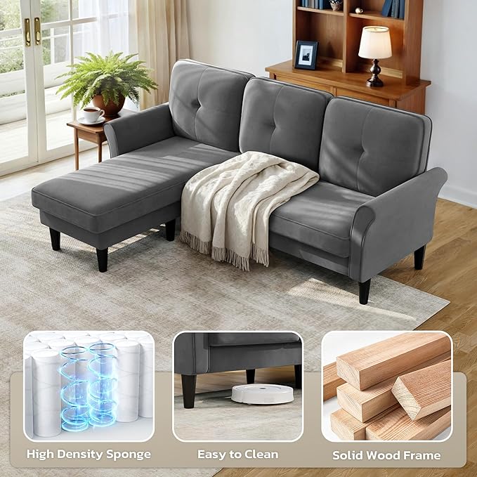 Welzona Sofas for Living Room, 83" Velvet Sectional Couch with Moveable Ottoman, Midcentury Modern Small Sectional Couch, L Shape Sofa & 3 Seater, Couches for Living Room, Apartment, Bedroom, Grey