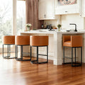 Modern Counter Height Bar Stools,Bar Stools Set of 4,PU Leather Upholstered Barrel Barstools with Backs,24'' Kitchen Island Chairs,Metal Black Frames,Camel Brown Leather