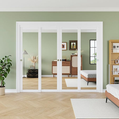96" x 80" Sliding Closet Door, 1-Lite One-Side Mirror Bypass Door Panel with Hardware Track Kit & Floor Guide, Solid Wood Slab Pre-Assembled with PVC Surface, Silver Round Handle