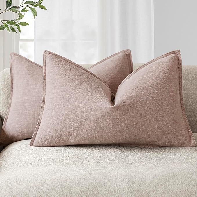Foindtower Pack of 2, Decorative Linen Soild Throw Pillow Covers Accent Lumbar Cushion Case Farmhouse Pillowcase for Chair Couch Sofa Bedroom Living Room Home Decor 12 x 20 Inch Dusty Pink