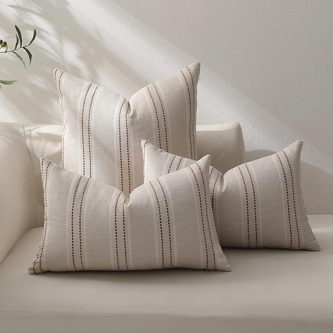 Hckot Fall Throw Pillow Covers 24x24 Set of 2 Striped Rust Pillow Covers Textured Linen Decorative Pillows Square Cushion Covers for Sofa Couch Bed Living Room Farmhouse Decor(Caramel)