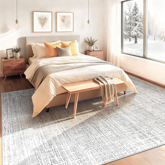 8x10 Area Rugs Washable Rug, Abstract Living Room Rug Large Neutral Modern Area Rug Soft Non Slip Low Pile Stain Resistant Indoor Carpet for Bedroom Nursery Kids Dining Room Office(Grey, 8'x10')