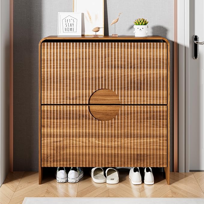Slim Shoe Storage Cabinet for Entryway, Narrow Shoe Cabinet with 2 Tier Flip Drawers Doors, Fluted Hidden Shoe Rack Organizer for Entrance, Entry Way, Foyer, Hallway, Walnut, Wooden