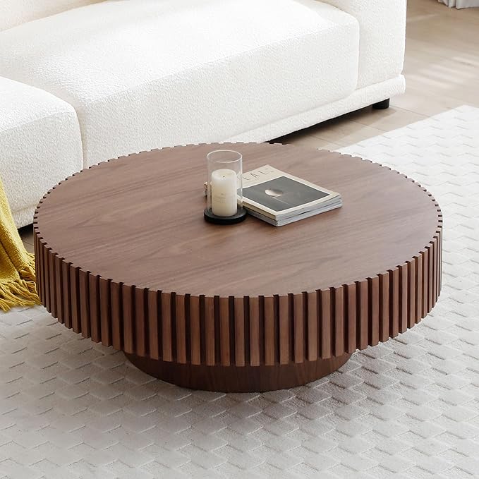 Round Coffee Table for Living Room, Contemporary Circle Wood Coffee Table with Pedestal, Easy Assembly ø35.43'', Walnut