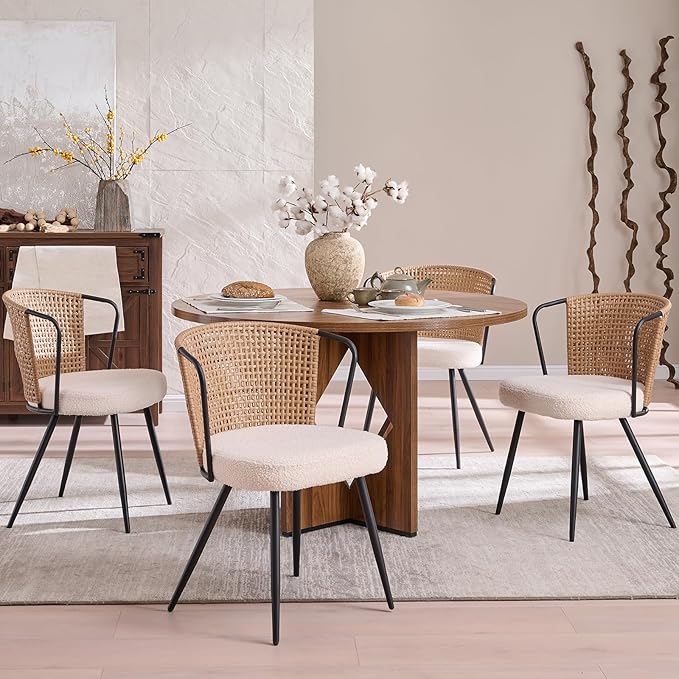 BedsPick Rattan Dining Chairs Set of 4 - Farmhouse Upholstered PE Rattan Kitchen Chair with Boucle Cushion, Wingback Dining Room Seat with Cane Back and Metal Legs for Home, Kitchen (Brown)