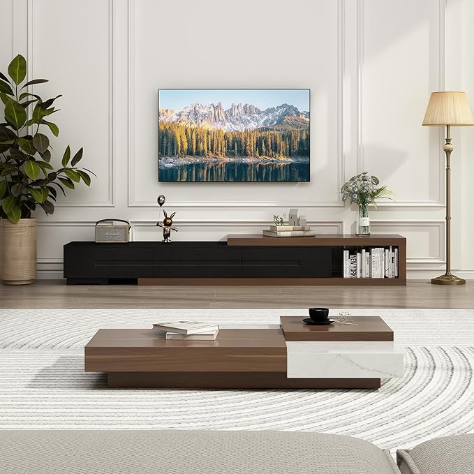 Hlivelood Extendable TV Stand, Modern Entertainment Center for Up to 120 Inch TV, Wood Reversible TV Media Console with 3 Drawers for Living Room Bedroom, 82-110"(Black& Walnut)