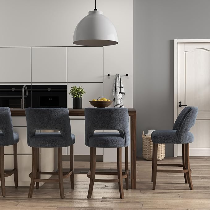 VKNOW Bar Stools Set of 4, 26" Upholstered Counter Height Bar Stools, Modern Counter Stools with Wood Legs for Kitchen Island Dining Room Bar, Navy Blue