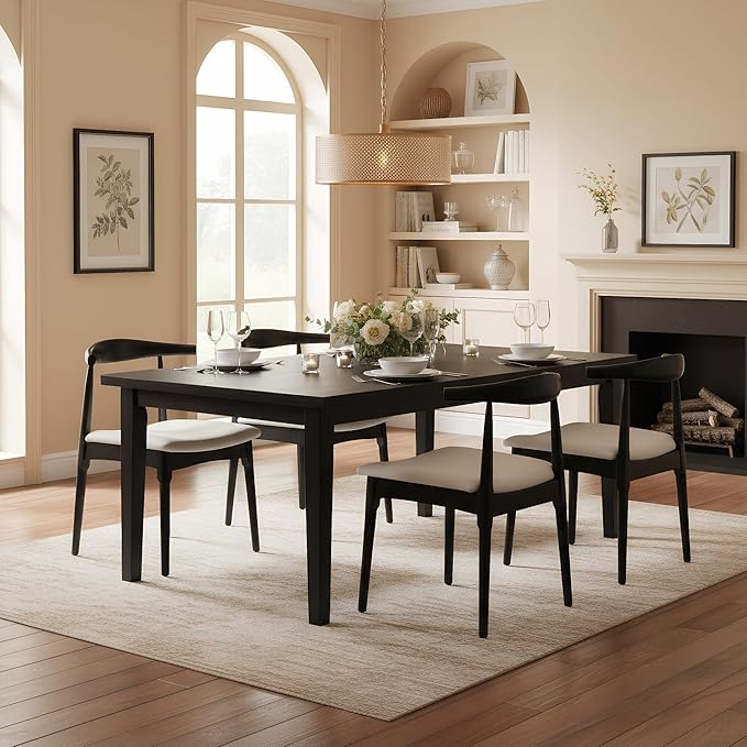 ROCITY Black Dining Chairs Set of 6 Wood Kitchen Chairs with Linen Fabric Cushion and Barrel Backs Mid Century Modern Dining Room Chairs