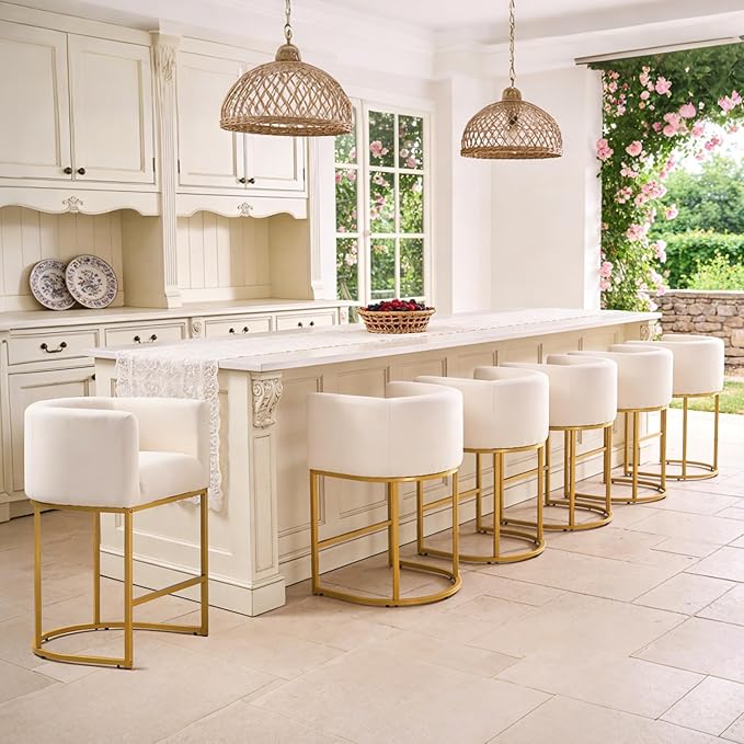 ClinQ 26" H Counter Height Bar Stools Set of 2, Modern Barrel Counter Stools with Backrest and Arms, Gold Metal Frames, Linen Fabric Upholstered Accent Barstools for Kitchen Island, Beige