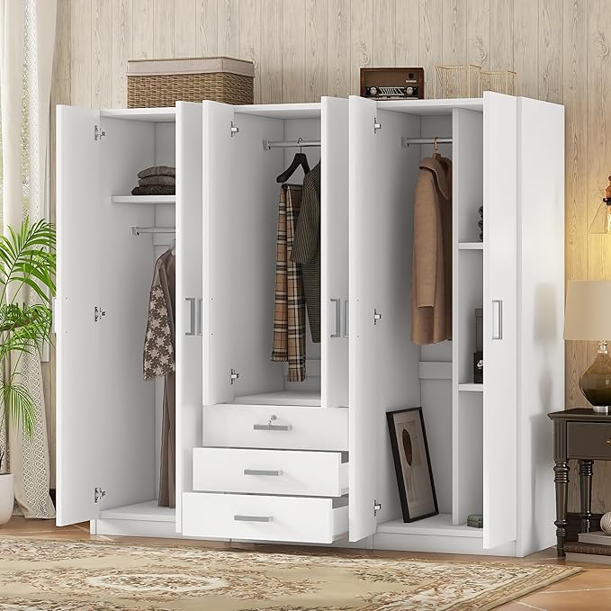 6 Door Armoire Wardrobe Closet with Big 3 Drawers, Wooden Freestanding Bathroom Armoire Cabinet with Shelves and Hanging Rod, Clothes Storage Organizer for Bedroom, Guest Room (White-8)