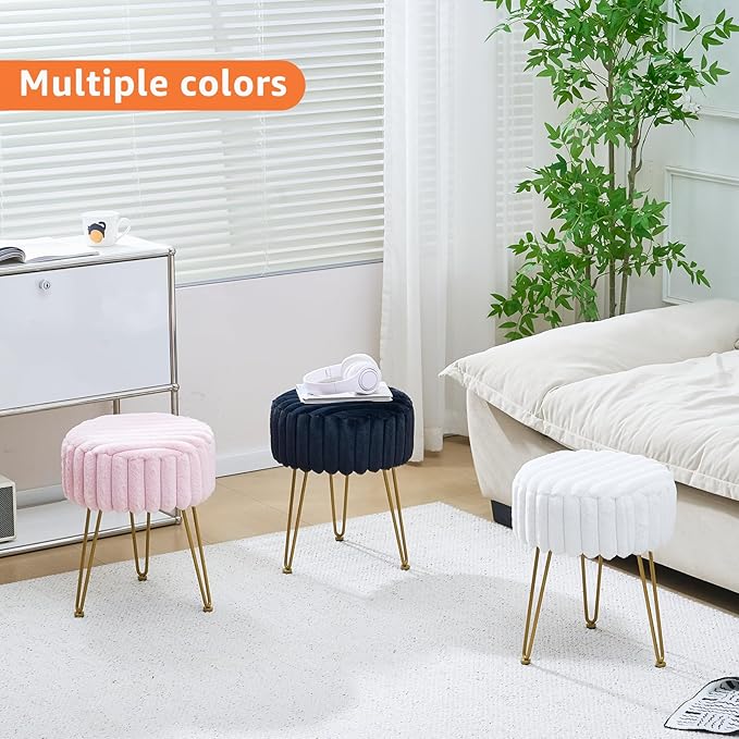 Vanity Stool,Faux Fur Ottoman Foot Stool, Dressing Table Seat with Metal Leg Vanity Chair for Bedroom, Living Room, Entryway, Offices