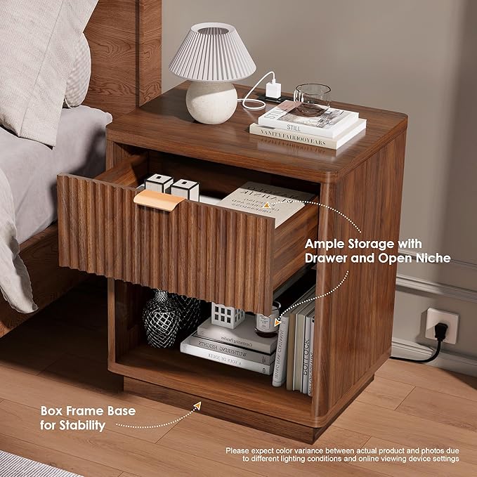Nasonet Fluted Nightstands Set of 2 with Charging Station, Wooden Bed Side Tables Bedroom Set of 2, Drawers and Open Shelves - Modern End Table for Bedroom, Walnut