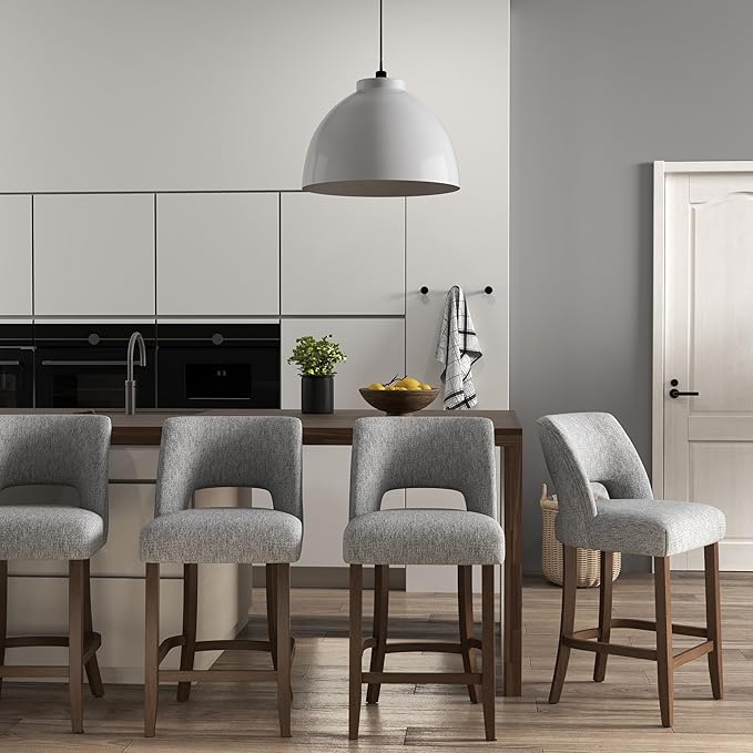 VKNOW Bar Stools Set of 4, 26" Upholstered Counter Height Bar Stools,Modern Counter Stools with Wood Legs for Kitchen Island Dining Room Bar,Grey
