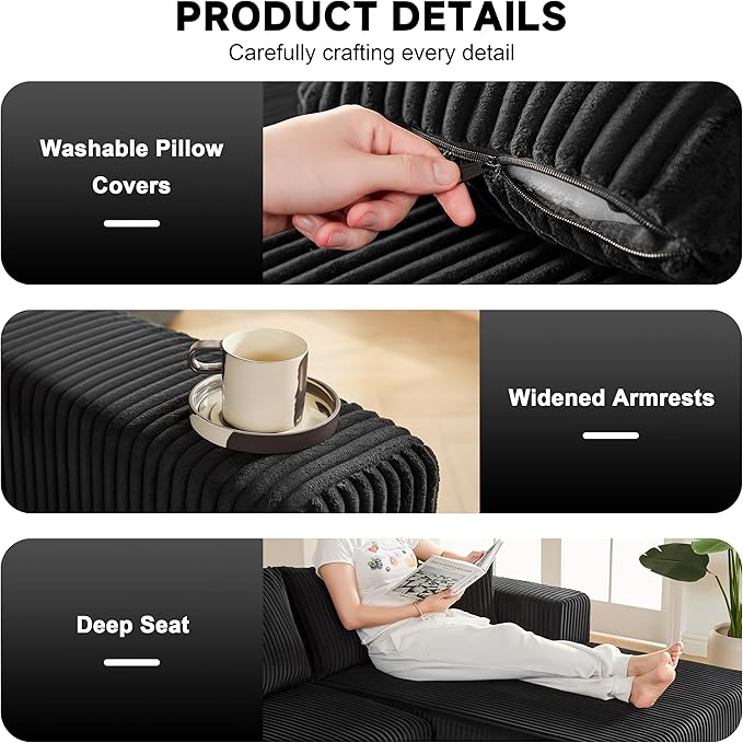Weture 97" Modular Sectional Sofa, L-Shaped Boneless Couch with Deep Seat, Cozy Cloud Couch Sectional with Convertible Ottoman, Modern Sectional Couches for Living Room（ Black）