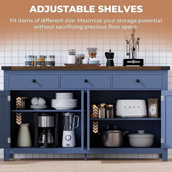 VVFLU 63" Sideboard Buffet Cabinet with Storage, Coffee Bar with 3 Drawers and 4 Barn Doors, Long Wider Storage Cabinet Modern Farmhouse, Blue Wood, for Kitchen, Dining Room, Living Room