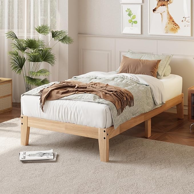 Twin XL Size Solid Wood Platform Bed - Noise-Free Design with Metal and Wood Slat Support, No Box Spring Needed, Easy Assembly, Natural Wood Finish