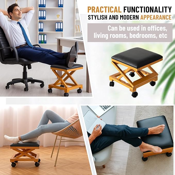 CroBlissful 1 Pack Rolling Adjustable Foot Rest Foldable Under Desk Ottoman with Wheels Leather Foldaway Guitar Foot Stool for Home Office Living Room Bedroom