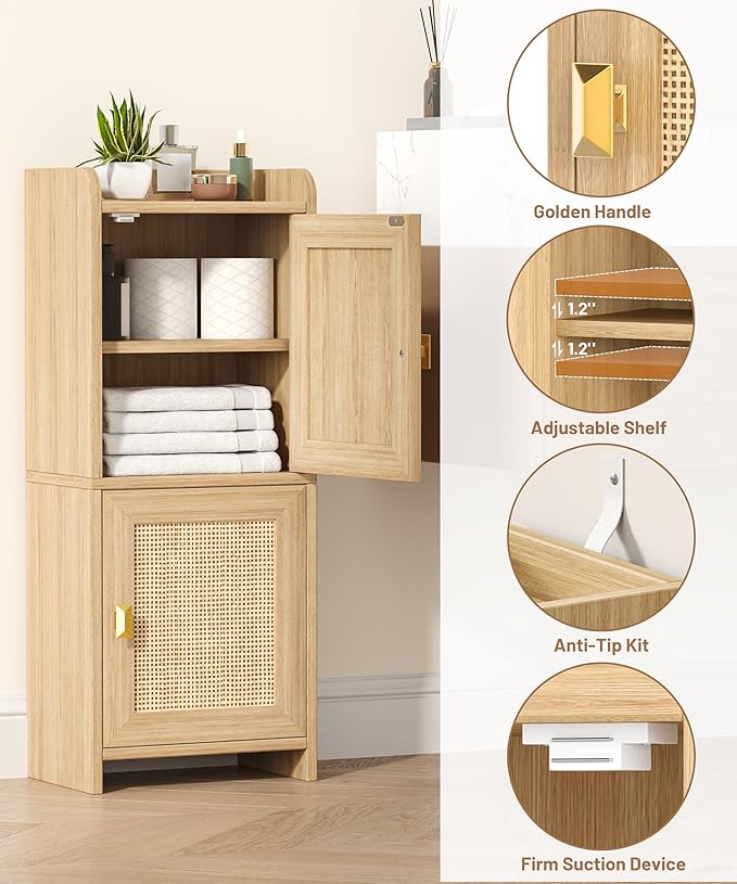 Akxomel Rattan Small Bathroom Cabinet with 2 Doors, 7.9''D x 11.8''W Narrow Toilet Paper Storage Cabinet, Bathroom Organizer for Small Space, Wooden Slim Corner Unit with Adjustable Shelf, Natural Oak
