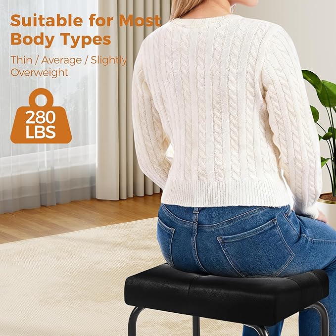 BEWISHOME Black Vanity Stool, Leather Vanity Stool, Small Stool Chair for Vanity, Square Ottoman Foot Stool, Makeup Vanity Chairs with Thick Padded Seat for Small Spaces, Bathroom, Bedroom, Entryway