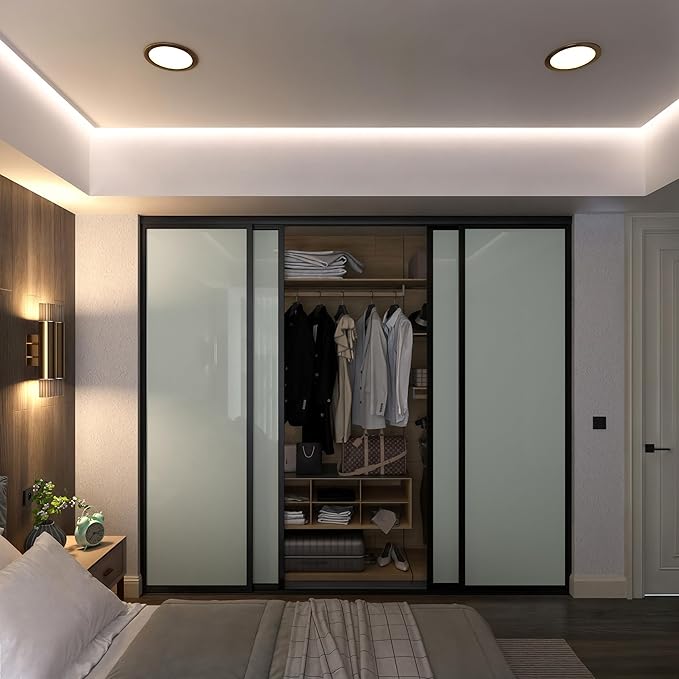Door55 4 Panel Glass Sliding Closet Door with Aluminum Frame, Silent Glide Technology, Closet Doors Sliding Panels, Closet Doors for Bedrooms, Door Sliding Closet Doors (Milky Glass, 160x96)