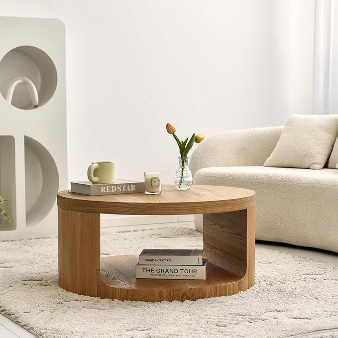 Round Coffee Table with Storage, 31" Modern Living Room Table, 2 Tier Circle Wood Center Tables for Apartment, Living Room, Open-Style Storage Tea Tables, 31"*14.1" (Nature Wood)