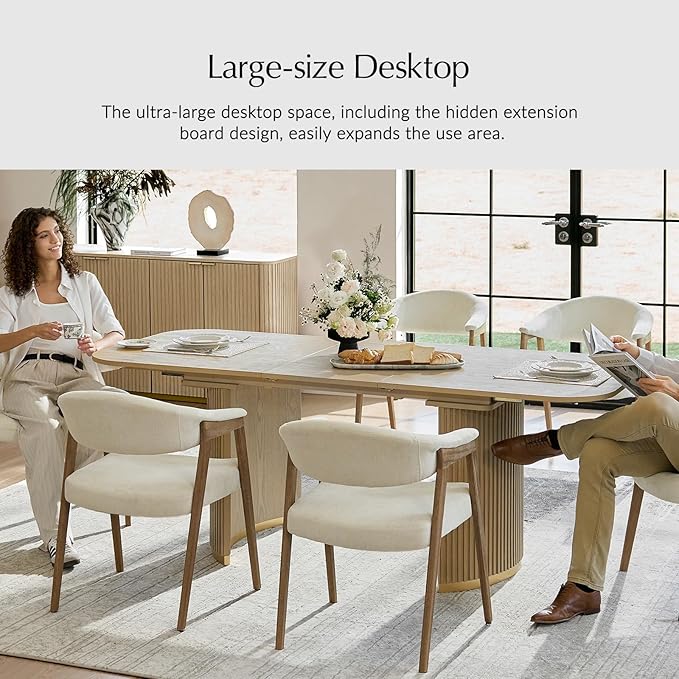HULALA HOME 60"-80.75" Extendable Dining Table, Solid Wood Kitchen Table with Removable Leaf, Fluted Base, Mid-Century Modern Home Office Desk for Dining Living Working Room-Natural