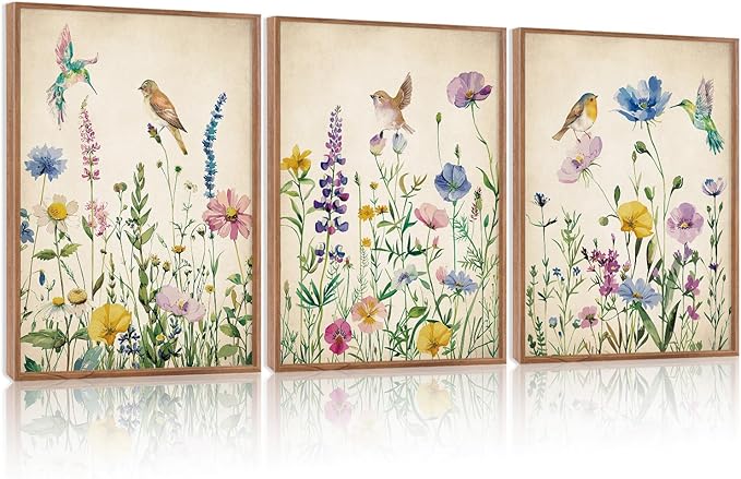 HPNIUB Vintage Wildflower Birds Framed Canvas Wall Art Set, Modern Nature Botanical Wall Decor, Colorful Floral Art Prints Spring Artwork for Living Room Dining Room Bedroom(Set of 3,12X16 Inch)