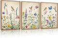 HPNIUB Vintage Wildflower Birds Framed Canvas Wall Art Set, Modern Nature Botanical Wall Decor, Colorful Floral Art Prints Spring Artwork for Living Room Dining Room Bedroom(Set of 3,12X16 Inch)