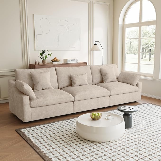 Modular Sectional Sofa Cloud Couch, 3 Seat Khaki Modular Couch, Minimalist Deep Wide Seat Sectional Couches for Living Room, Khaki Sofa Covers Washable&Removable