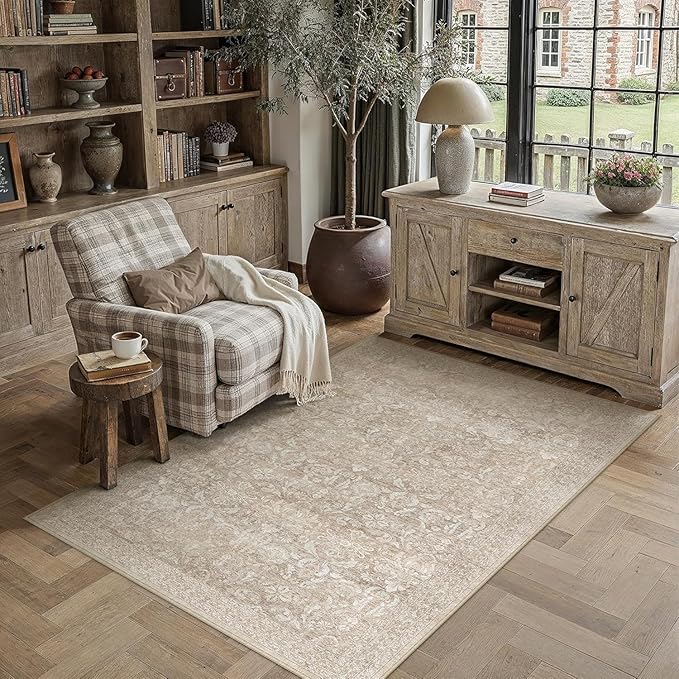 PureCozy Beige Area Rug 3x4 Washable Neutral Office Entryway Carpet Vintage Non Slip Indoor Low Pile Soft Thin Door Mat Retro Floral Accent Throw Small Rug for Bathroom Bedroom Dining Living Room