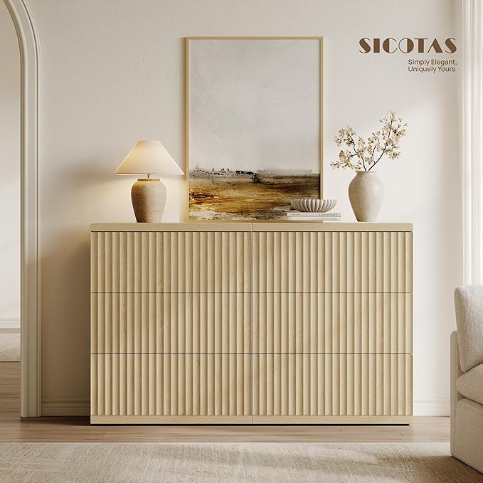 SICOTAS Modern Buffet Sideboard Cabinet with Larger Drawers, 4 Pieces Fluted Credenza Coffee Bar Table with Storage, Mid Century Media Console Accent Table for Dining Room Entryway Kitchen