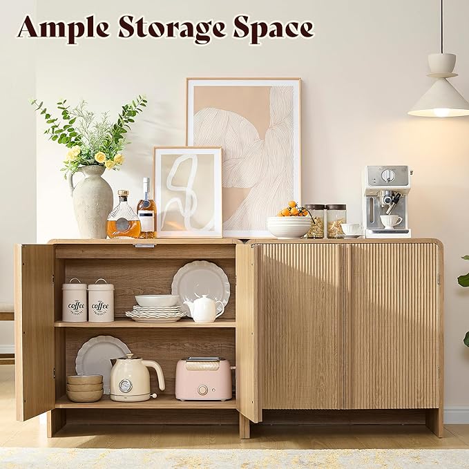 AMERLIFE 2-Piece Fluted Buffet Cabinet with Storage, Modern Sideboard Cabinet with Doors & Adjustable Shelf, Console Table & Credenza for Living Room, Kitchen & Entryway, Natural Oak