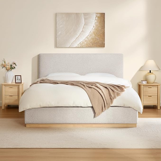 KISLOT Upholstered Queen Size Bed Frame, Boucle Fabric Platform Bed Mattress Foundation Noise-Free No Box Spring Needed Easy Assembly