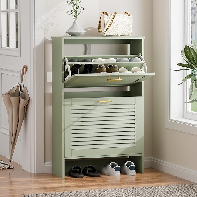 Shoe Cabinet Storage, Hidden Shoe Organizer, Modern Freestanding Organizer with 2 Flip Drawers Louvered Shoe Cabinet for Entryway (Green, 2 Drawers)