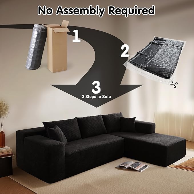 ovios 104" Cloud Boneless Couch with L-Shape Chaise,Modern Sectional Modular Sofa with Deep Seat, Upholstered Couches for Living Room Bedroom,No Assembly Required, Black (Corduroy Fabric)
