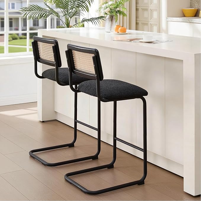 Zesthouse Rattan Bar Stools Set of 2, 30'' Upholstered Boucle Fabric Barstools with Wooden Back & Natural Cane Mesh, Mid Century Cantilevered Design High Chairs for Kitchen Bar with Chrome Base, Black