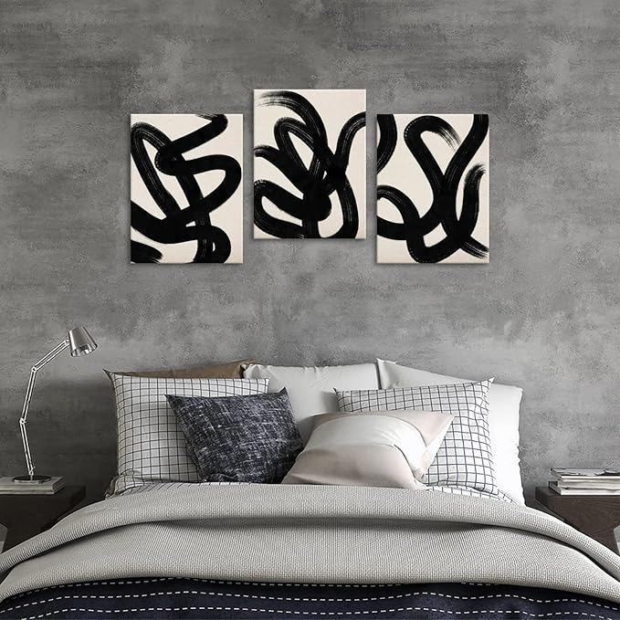arteWOODS Wall Art Canvas Set Abstract Lines Pictures Modern Mid Century Boho Wall Decor Minimalist Abstract Black Stroke Lines Canvas Painting Artwork Living Room Bedroom Home Office 12"x16" Set of 3