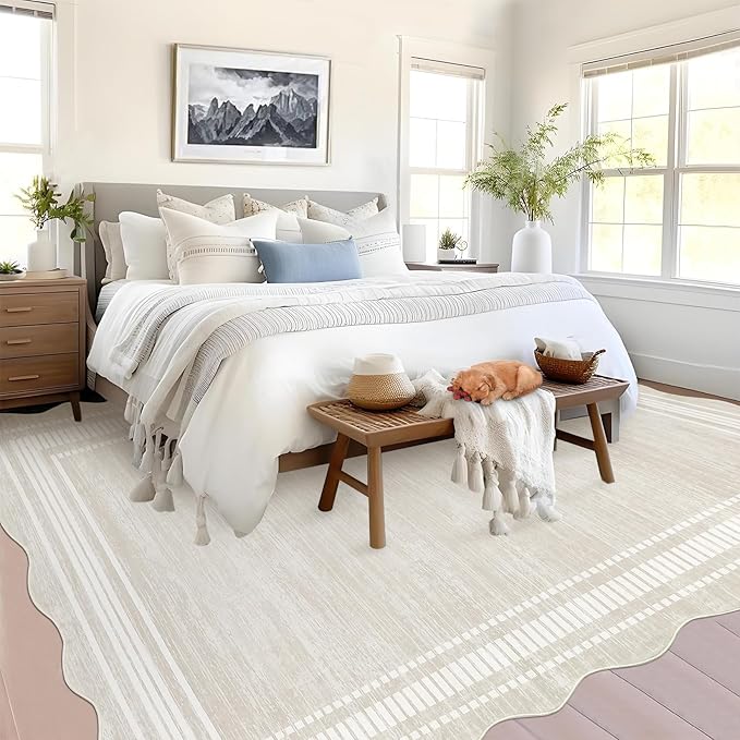 Garvee Scalloped Modern Abstract Rug 5x7 Washable Rug for Bedroom, Non-Slip Non-Shedding Soft Living Room Rug, Minimalist Scalloped Low-Pile Throw Carpet for Dining Room Home Office, Beige