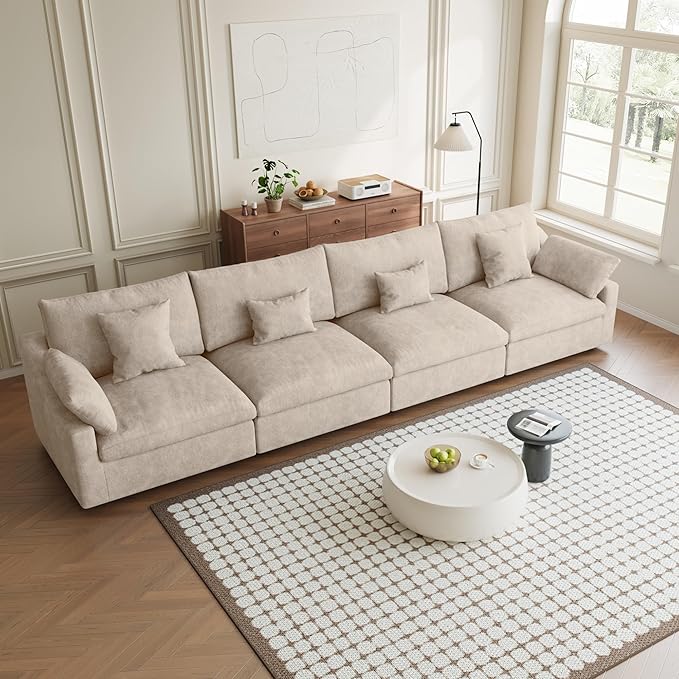 Modular Sectional Sofa Cloud Couch, 155.9" Khaki Modular Couch, Linen Blend Fabric Minimalist Deep Seat Sectional Couches for Living Room, Khaki Sofa Covers Washable&Removable