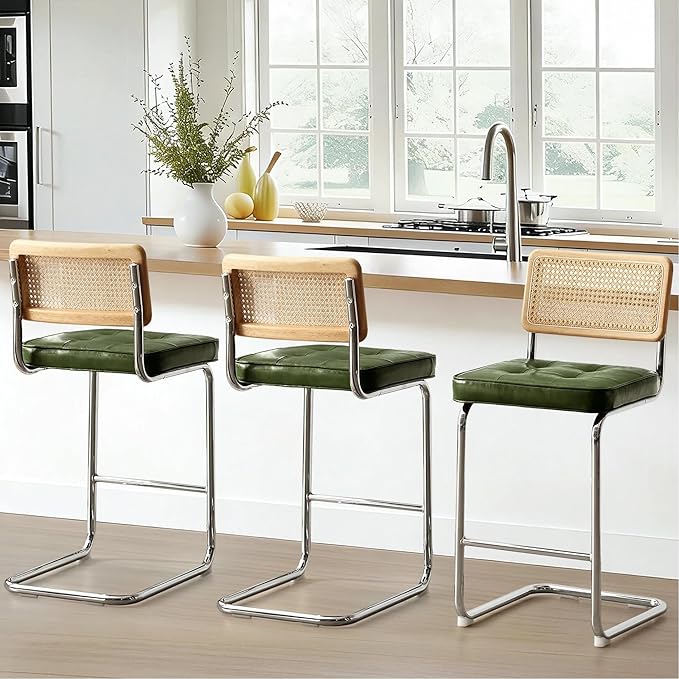 Zesthouse Natural Rattan Bar Stools Set of 4, Modern Counter Height Stools with Solid Wood Back, 26'' Counter Height Chairs, Mid Century Cantilevered Bar Chairs for Kitchen Island, Faux Leather Green