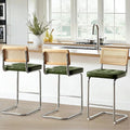 Zesthouse Rattan Counter Stools Set of 3, 26" Mid Century Modern Bar Stools with Natural Cane Mesh & Chrome Base, Green Faux Leather Counter Height Barstools, Boho Island Chairs for Kitchen Counter
