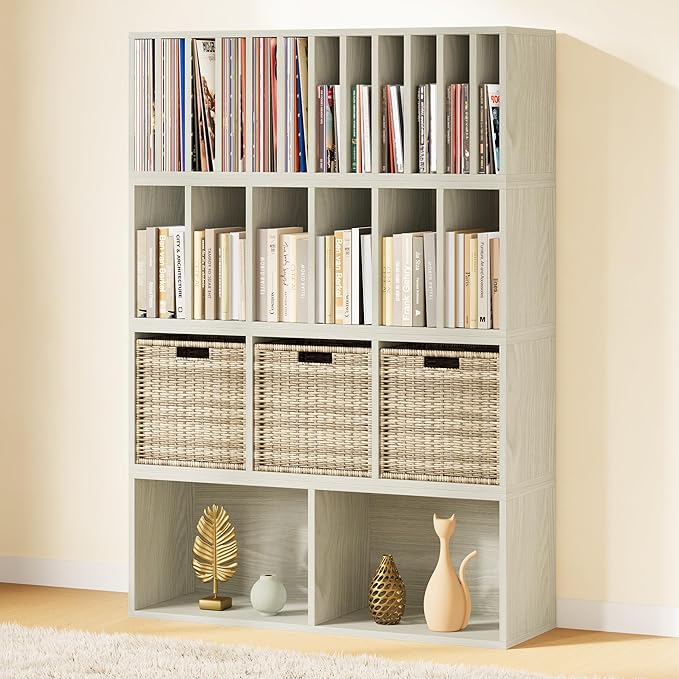 IOTXY DIY Modular Cube Bookcase - CubeXY Customizable Stackable Expandable Combination Set, 23-Cube Open Bookshelf for Books, Fabric Storage Bin, and 7/10-inch Vinyl Record Organizer, Oak