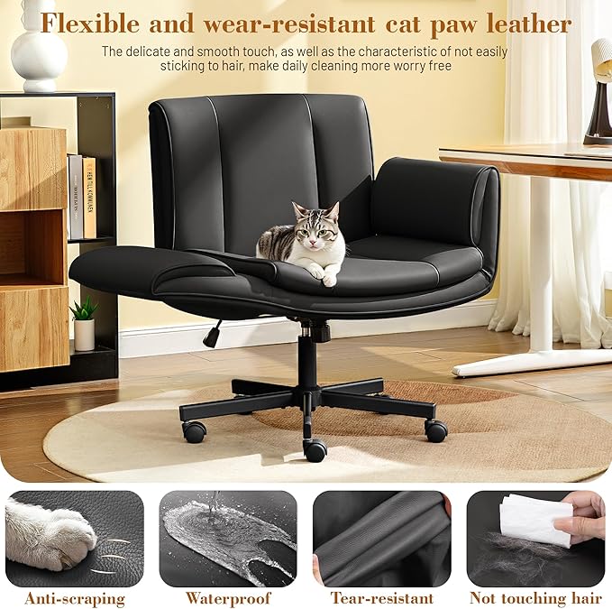 HeroSet Criss Cross Chair with Wheels & Armrests,Comfy Wide Vanity Chair,Scratch-Resistant Pu Leather Cross Legged Desk Chair,Height Adjustable Computer Office Desk Chairs for Home,Makeup,Bedroom