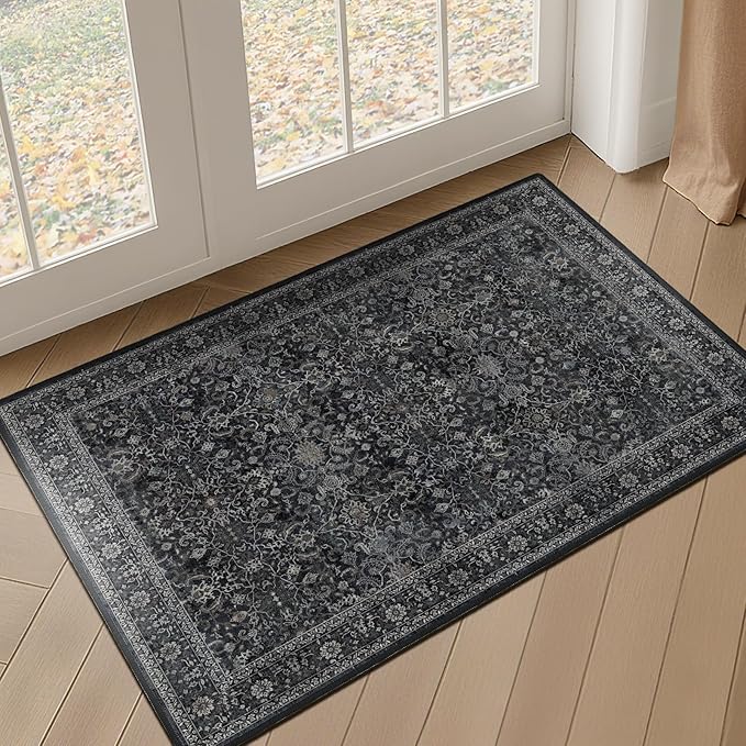 Dark Entryway Rug 2x3, Kitchen Rugs Non Slip Washable, Low Pile Ultra Thin Door Mat Indoor Entrance, Small Carpet for Bedroom Bathroom, Vintage Farmhouse Earth Tone Midnight