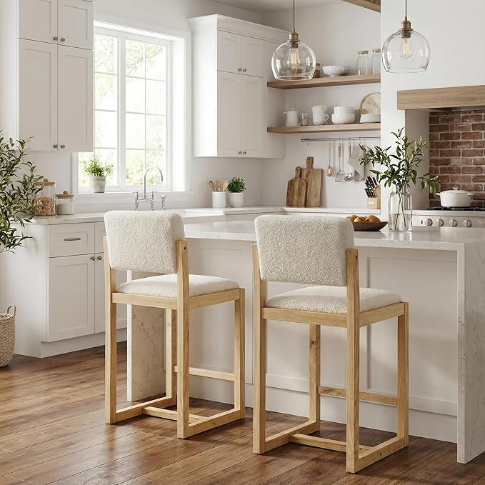 DUOMAY Modern Bar Stools Set of 4, 26" Counter Height Barstools, Sherpa Upholstered Kitchen Island Chair with Light Walnut Color Wood Legs for Home, White