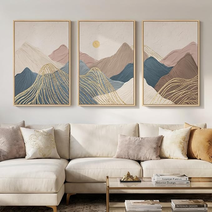 Framed Neutral Abstract Mountain Wall Art for Living Room, 3 Piece Large Landscape Print Canvas Artwork for Walls, Boho Modern Minimalist Paintings for Bedroom Dining Room Office Wall Decor, 24x36 In