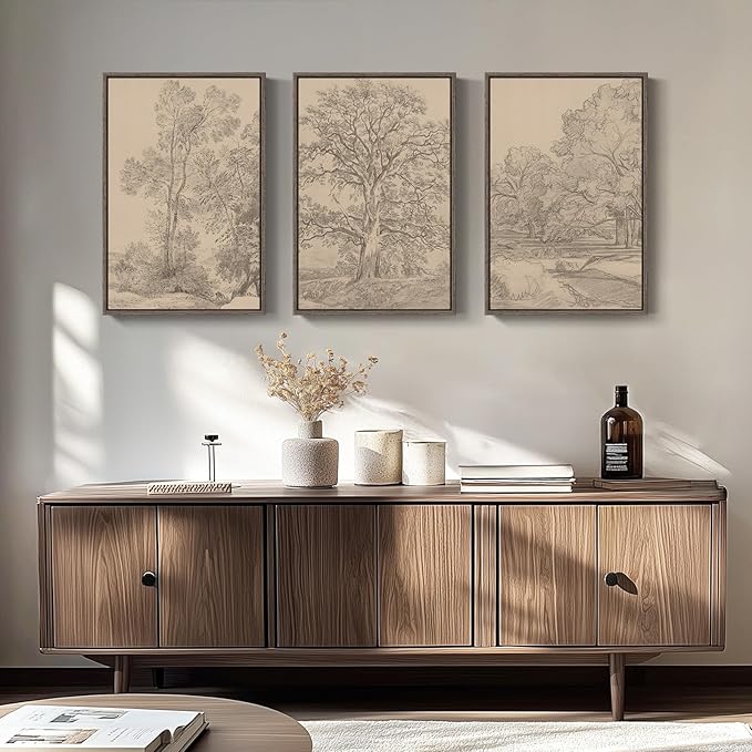 Large Vintage Framed Neutral Landscape Wall Art for Living Rooms, 3 Piece Retro Big Tree Sketch Botanical Forest Antique Canvas Artwork Set, Rustic Nature Wabi Sabi Art Prints for Hallway Home Office 24x36 Inch