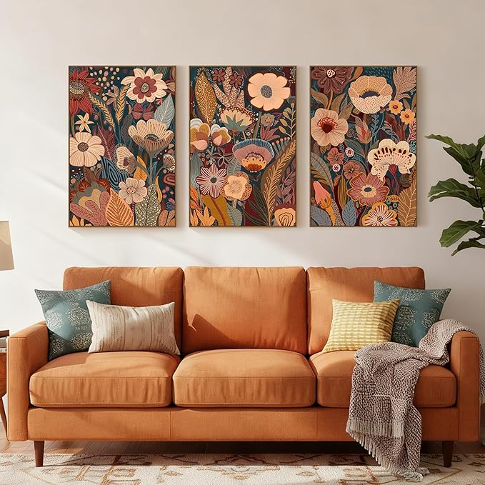 SAFERRYHOME Burnt Orange Floral Wall Art, 3 Pieces Boho Mid Century Modern Wildflower Framed Canvas Wall Decor, Vintage Botanical Neutral Plant Artwork Print for Living Room Bedroom Hallway Office, 16"x24"