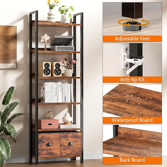 Furologee 6-Tier Bookshelf, Tall 71" Rustic Bookcase with 2 Drawers Storage Organizer, Industrial Display Free Standing Shelf Units, Wood and Metal Storage Rack for Home Office, Bedroom, Rustic Brown | Bookcase, 2 Drawers, Storage Organizer, Industrial...